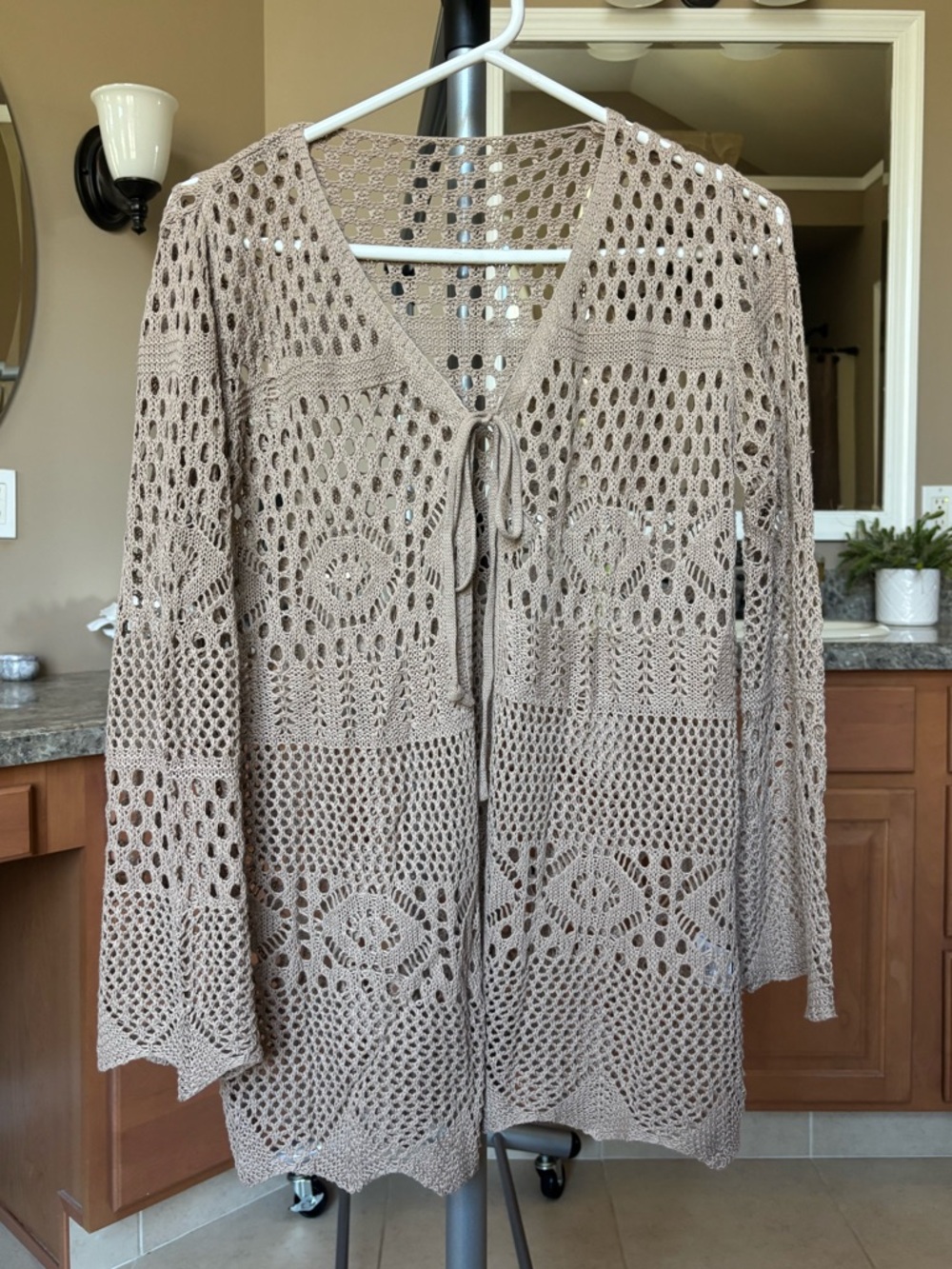 Open-Knit Tie-Front Women’s Sweater Cardigan - Taupe